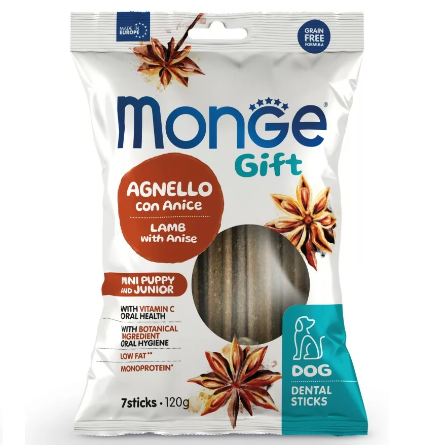 MONGE Gift Mini Junior Dental Sticks, cu Miel si Anason, Recompense Caini Juniori Pentru Igiena Orala, 120g