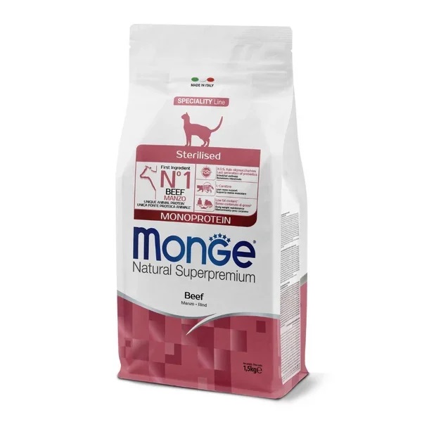 MONGE Natural Superpremium Cat Adult Sterelised, cu Vita, Hrana Uscata Monoproteica Pentru Pisici Adulte Sterlizate, 1.5kg
