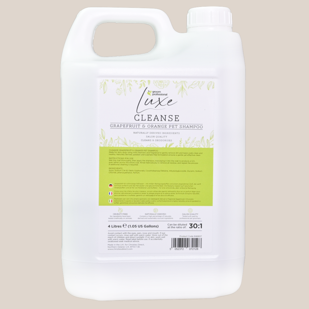 GROOM PROFESSIONAL Luxe Cleanse Grapefruit & Orange, 4 L - Sampon Purificator si Deodorizant Concentrat 30:1 pentru Caini, cu Grapefruit si Portocale, pentru Curatare Profunda