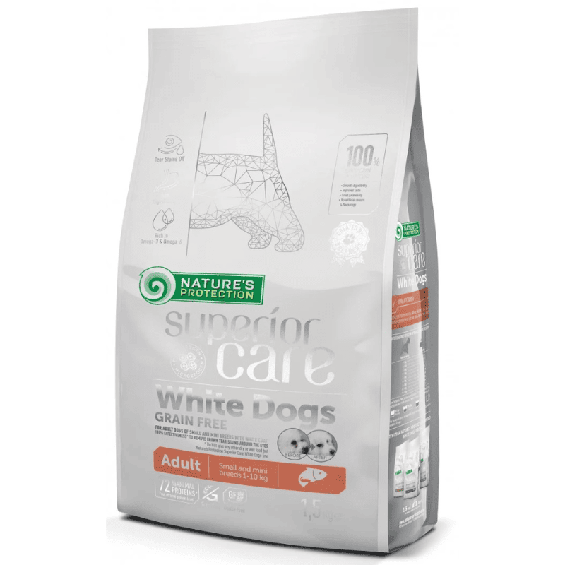 NATURE'S PROTECTION Superior Care White Dogs Grain Free Small & Mini Breeds Adult cu Somon 10 kg | Hrana Uscata fara Cereale pentru Caini Adulti Toy si de Talie Mica