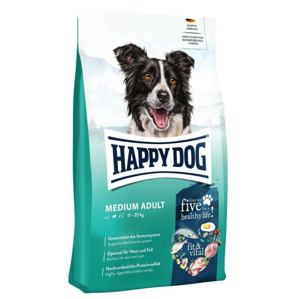 HAPPY DOG Fit & Vital Medium Adult – Hrană Uscata, fără Gluten si cu 5 Surse de Proteine Animale,  pentru Câini Adulți de Talie Medie, 12kg