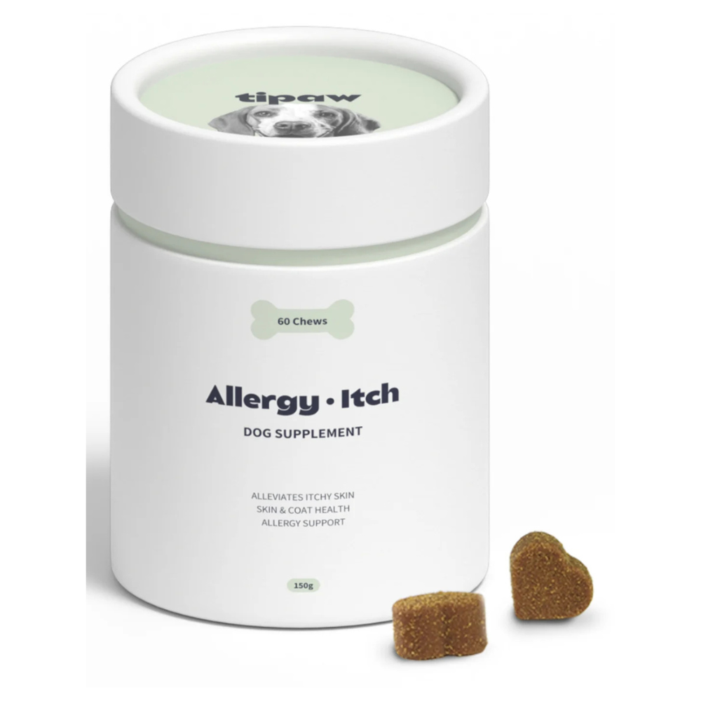 TIPAW Allergy & Itch – Supliment Natural pentru Câini cu Alergii, Mâncărimi și Piele Sensibilă, cu Ulei de Somon, Colostru si Turmeric, 60 buc 