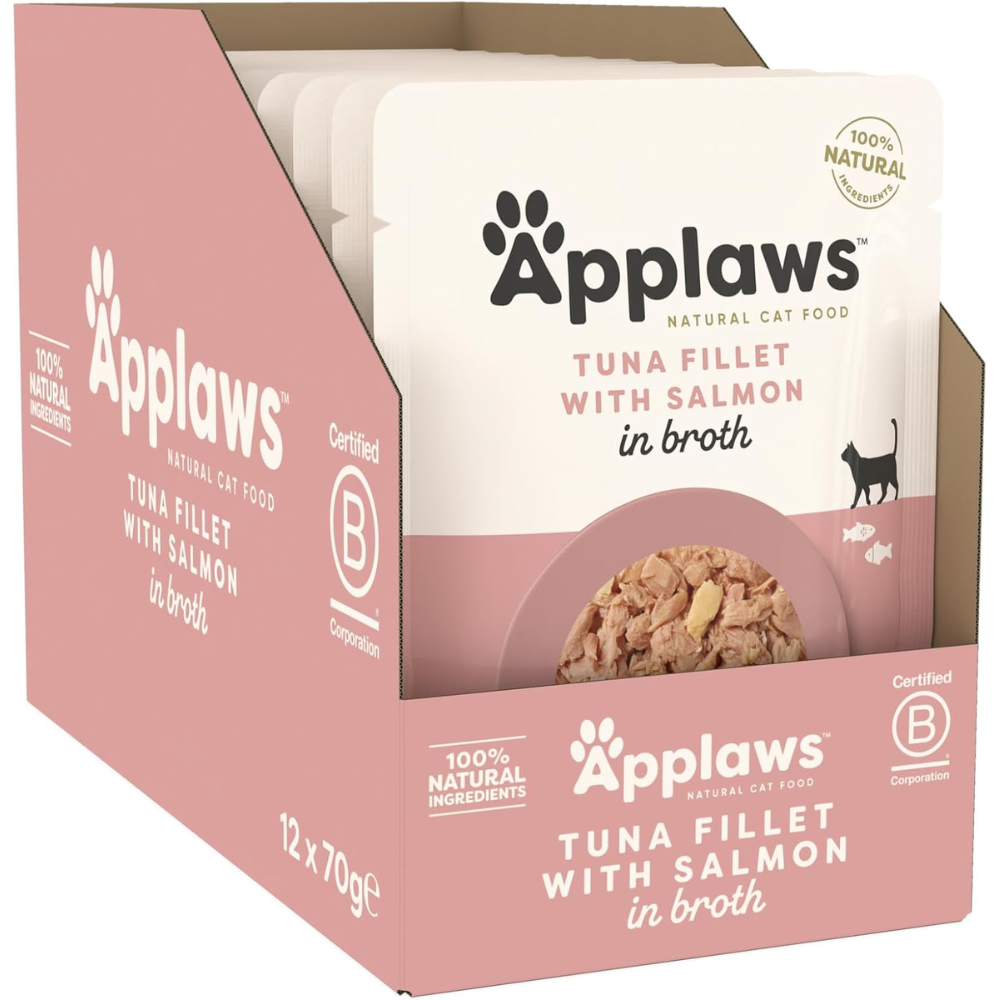 APPLAWS cu Filet de Ton si Somon in Supa Nutritiva 12x70 g - Bax Plicuri Hrana Umeda Naturala Complementara pentru Pisici Adulte