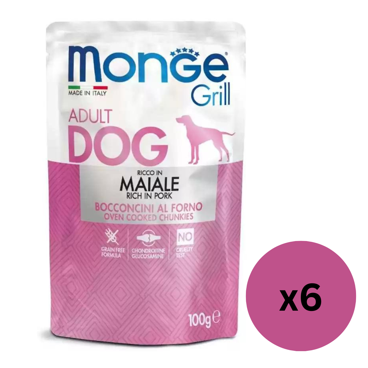 MONGE Dog Grill, cu Porc, Set Plicuri Hrana Umeda Fara Cereale Pentru Caini, 6x100g
