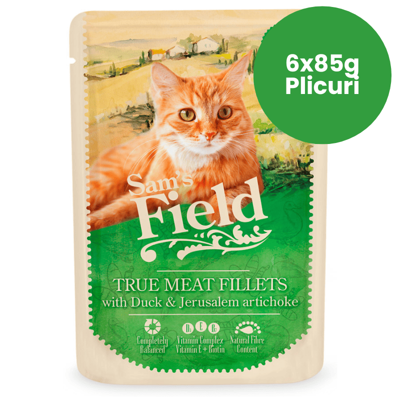 SAM'S FIELD Cat Pouch Duck & Jerusalem Artichoke Multipack 6x85 g | Hrana Umeda Superpremium pentru Pisici Adulte | Fileuri de Rata si Anghinare de Ierusalim | Reteta Naturala pentru Digestie Sanatoasa si Vitalitate