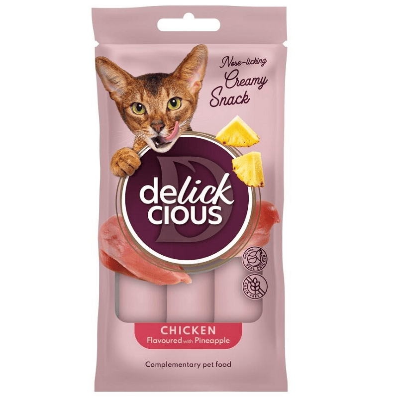 DELICKCIOUS Cat Snack Cremos cu Pui și Ananas 4 x 15 g | Hrană Complementară pentru Pisici Adulte