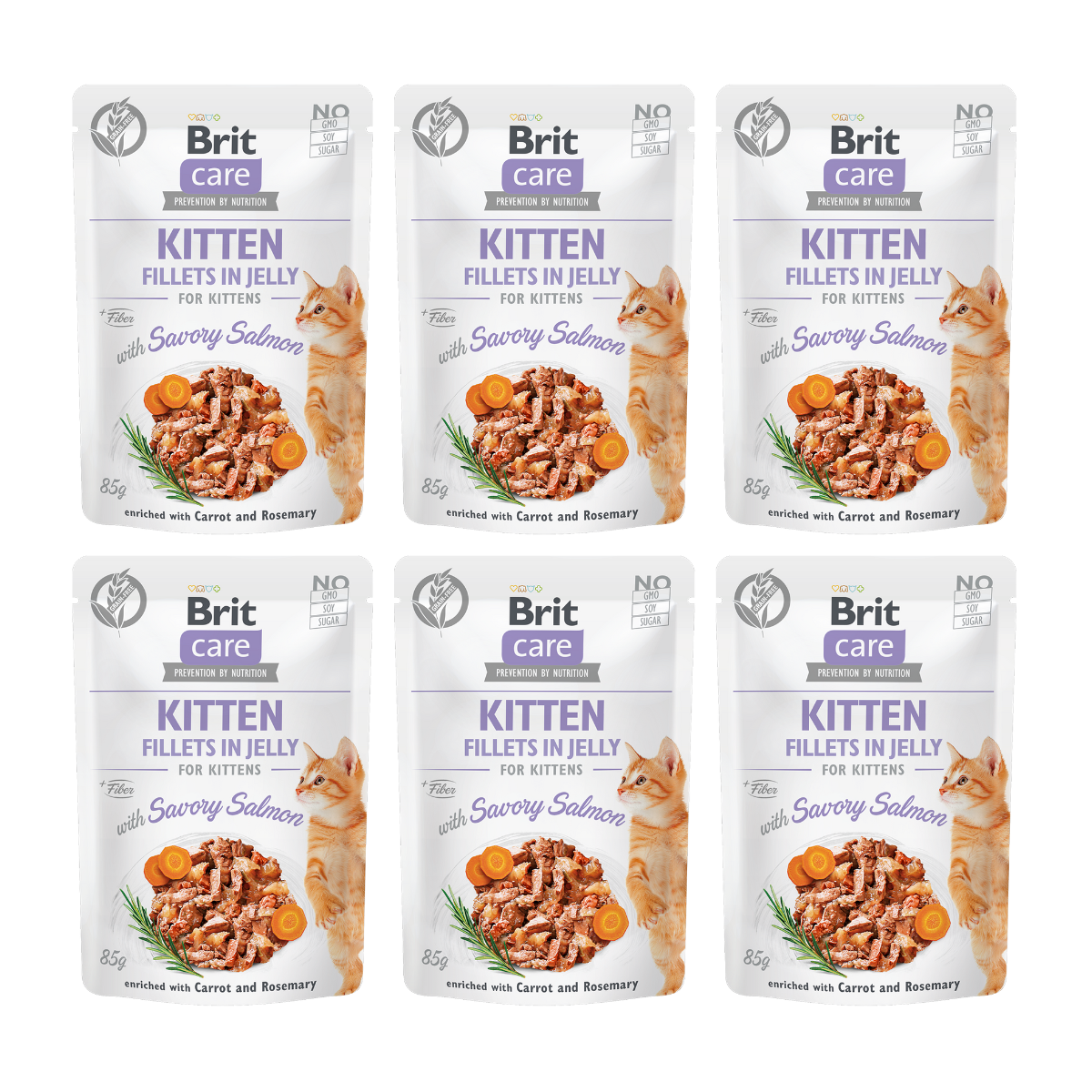 BRIT CARE Kitten Fillets in Jelly, cu Somon, Set Plicuri Hrana Umeda, Fara Cereale,  Pisici Junior (file in aspic) 6x85g