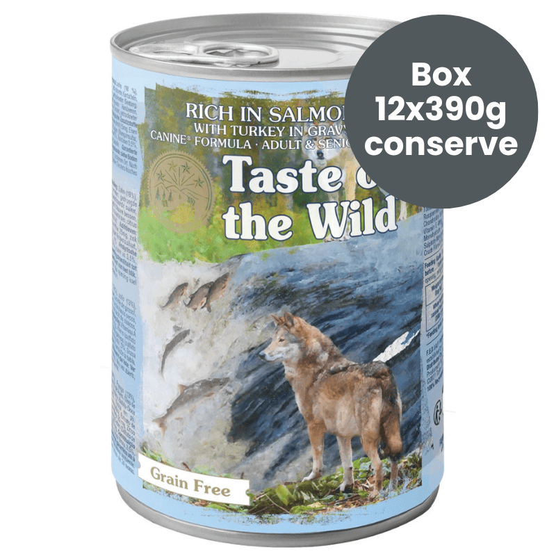 TASTE of the WILD Canine Recipe with Salmon & Turkey in Gravy Box 12x390 g | Hrana Umeda Fara Cereale pentru Caini Adulti si Seniori | cu Somon, Curcan si Pui