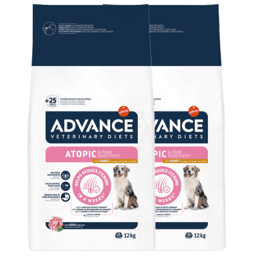 Pachet Economic 2 saci ADVANCE Veterinary Diets ATOPIC DERMA CARE Medium / Maxi, cu Iepure, Hrana Uscata Caini cu Boli Dermatologice 12kg