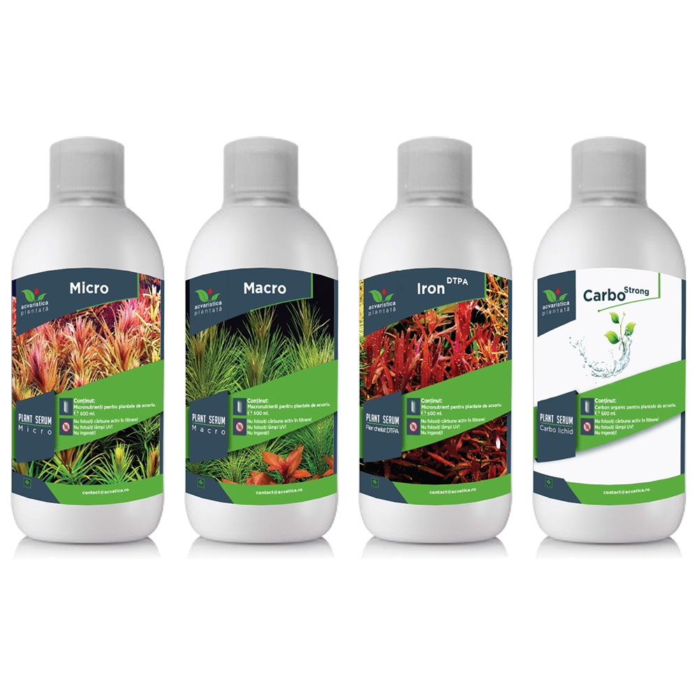 Micro-Macro Fier-Carbo PLANT SERUM, Pachet Complet Fertilizanti Pentru Plante de Acvariu, 4x500ml