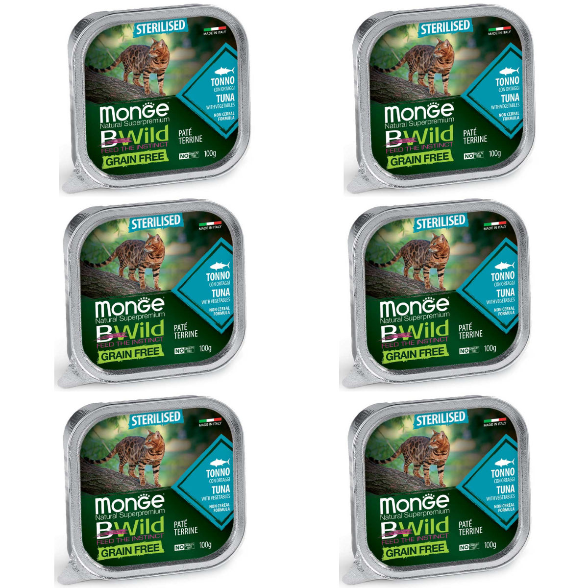 MONGE Natural BWild Sterilized Cat, cu Ton, Set Conserve Hrana Umeda Pentru Pisici Sterilizate (pateu fin), 6x100g