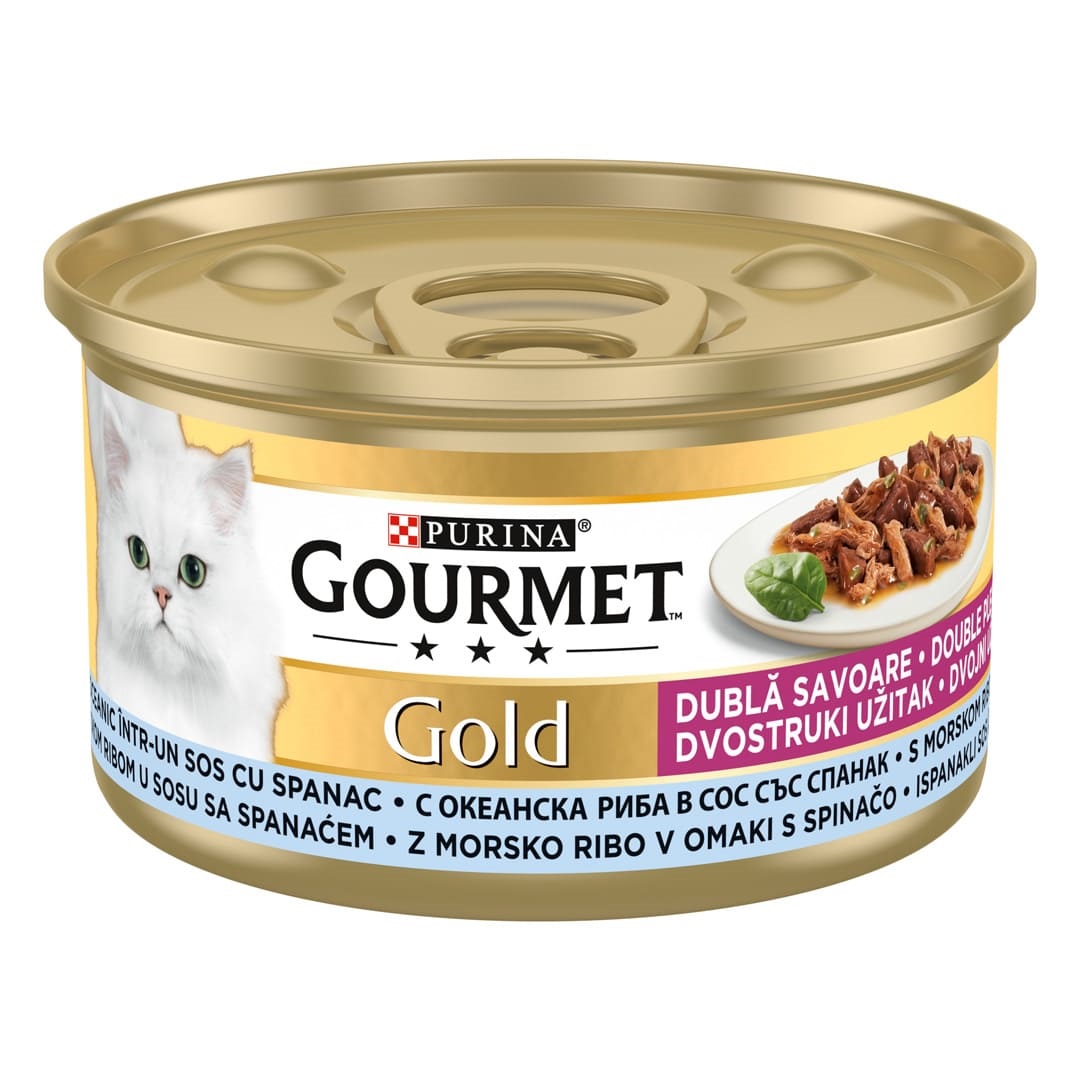 PURINA Gourmet Gold Dubla Savoare, cu Peste si Spanac, Conserva Hrana Umeda Pentru Pisici Adulte, 85g