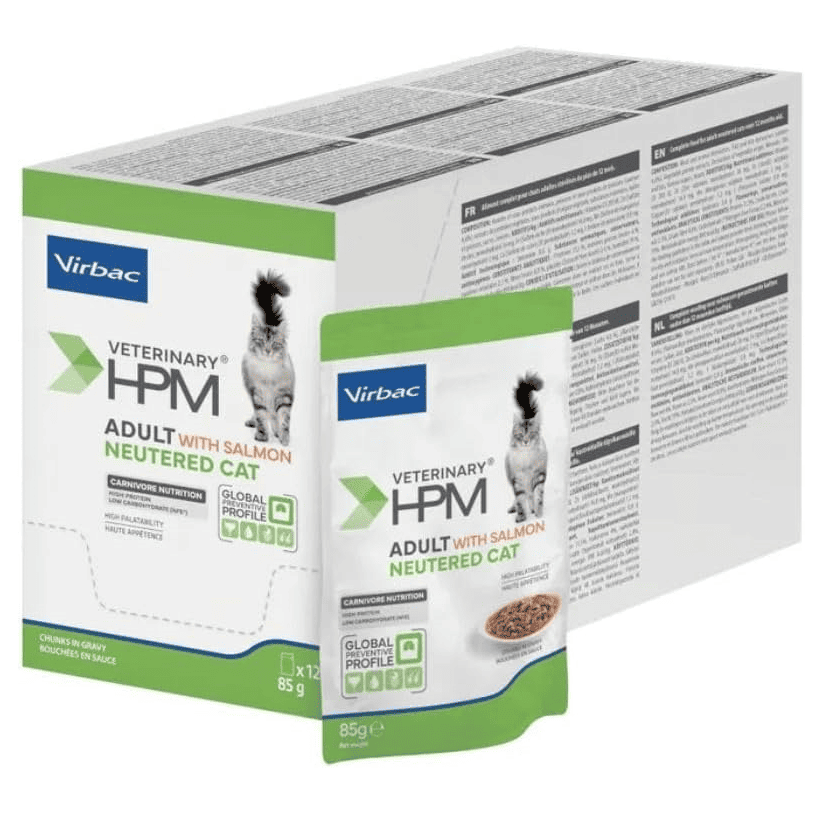 VIRBAC Veterinary HPM Cat Adult Neutered Chunks in Gravy cu Somon Box 12x85g | Hrana Umeda pentru Pisici Adulte Sterilizate (bucatele de carne in sos)
