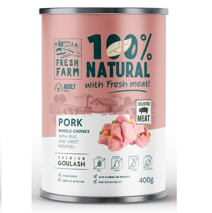 FRESH FARM Goulash cu Porc  (80%), Mazare Verde si Cartofi Dulci, 400 g - Hrana Umeda Fara Cereale pentru Caini, Reteta Gatita la Aburi