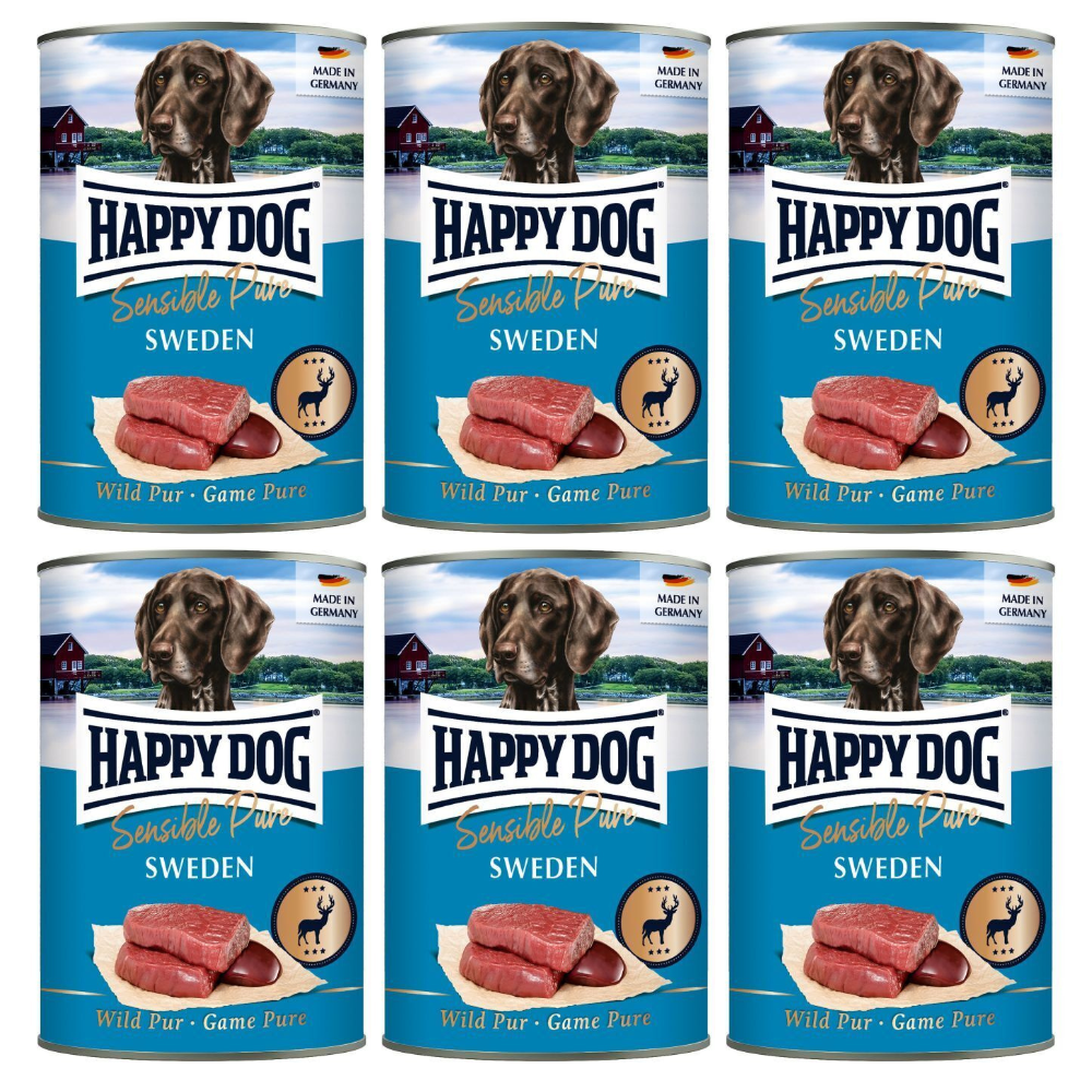 HAPPY DOG Sensible Pure Sweden – Set Conserve Hrană Umedă Monoproteică fără Cereale pentru Câini Adulți, cu 100% Vânat (Cerb și Mistreț), 6x400 g