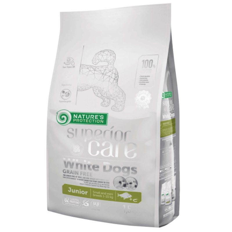NATURE'S PROTECTION Superior Care White Dogs Grain Free Small & Mini Breeds Junior cu Peste Alb 1.5 kg | Hrana Uscata fara Cereale pentru Caini Juniori de Talie Mica si Foarte Mica