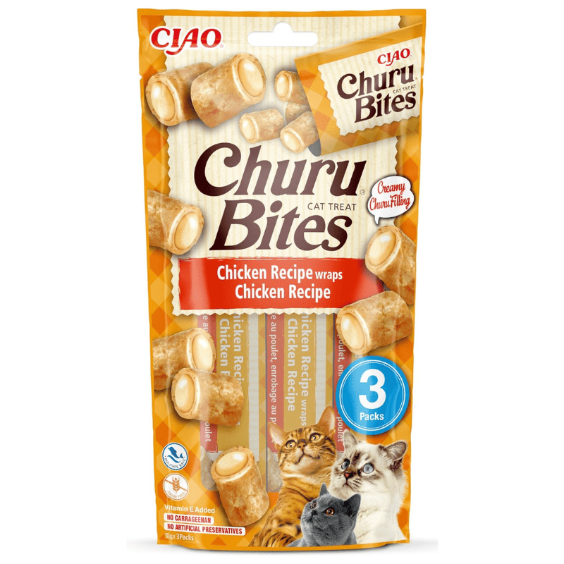 INABA Churu Bites Chicken Recipe 3x10 g | Recompense fara Cereale pentru Pisici | cu Pui | Textura Moale cu Interior Cremos