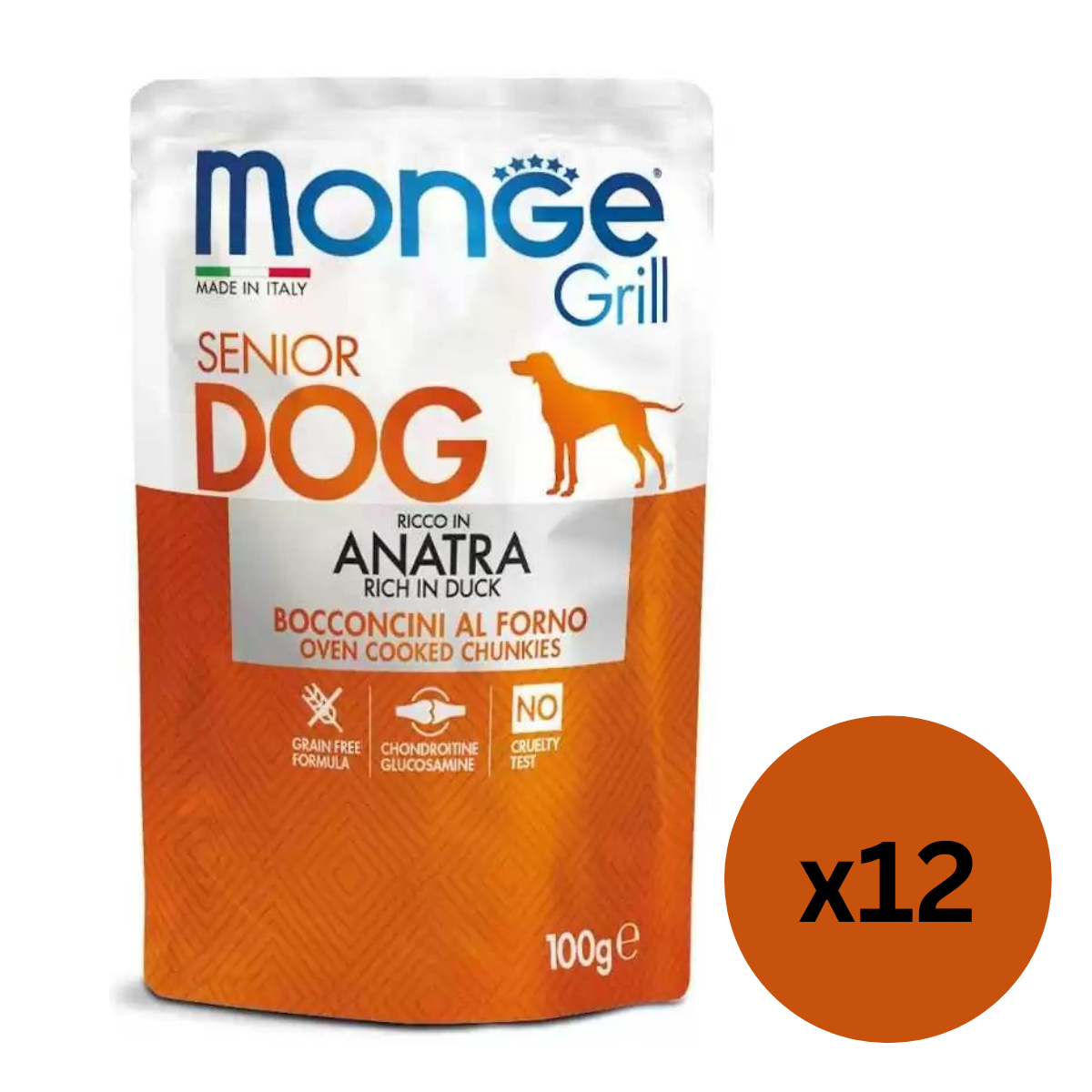 MONGE Dog Grill, cu Rata, Set Plicuri Hrana Umeda Fara Cereale Pentru Caini, 12x100g