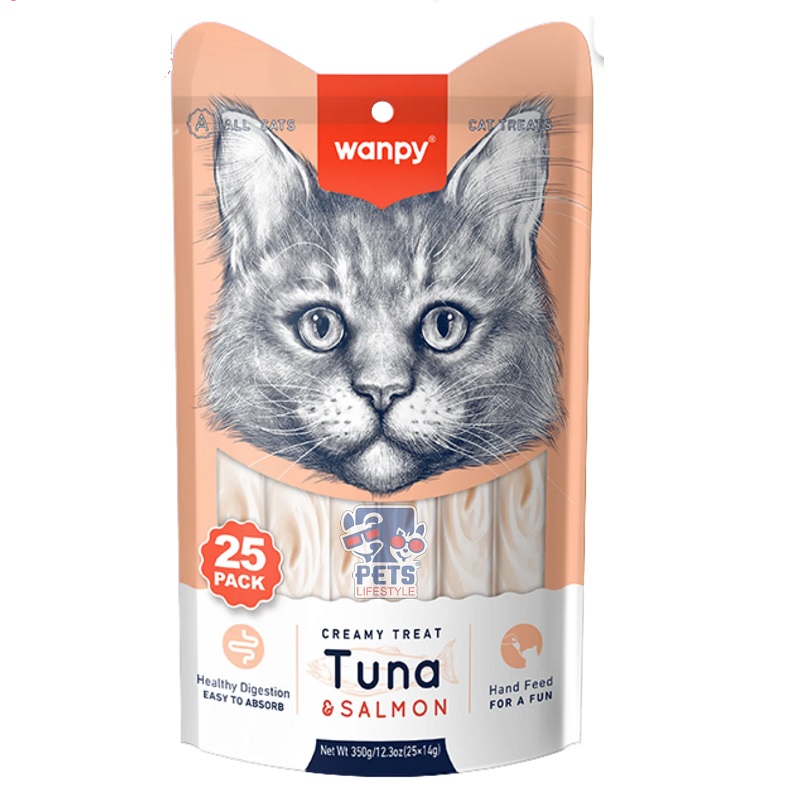 WANPY Creamy Lickable Cat Treats cu Ton si Somon, plicuri 25x14 g – Recompensa Cremoasa Superpremium pentru Pisici, Fara Coloranti sau Conservanti