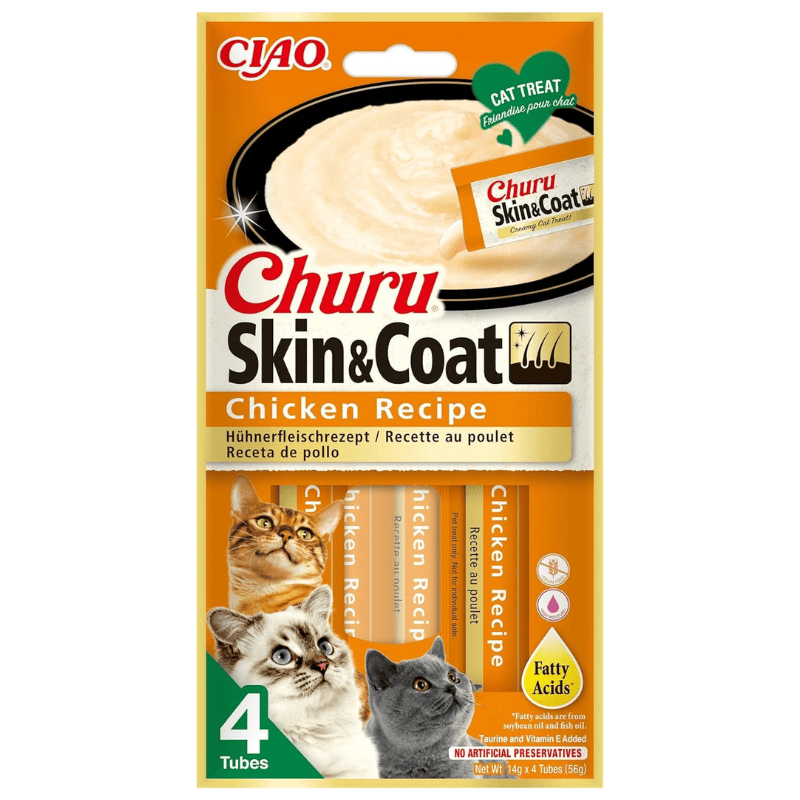 INABA Ciao Churu Skin & Coat Chicken 4x14 g | Recompensa Functionala Cremoasa pentru Pisici | cu Pui | Formula pentru Piele Sanatoasa si Blana Stralucitoare