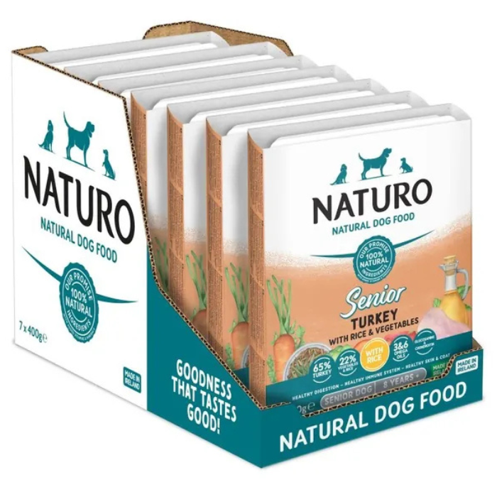 NATURO Senior Dog cu Curcan, Orez si Legume Multipack 7x400 g | Hrana Umeda Completa 100% Naturala pentru Caini Seniori 7+