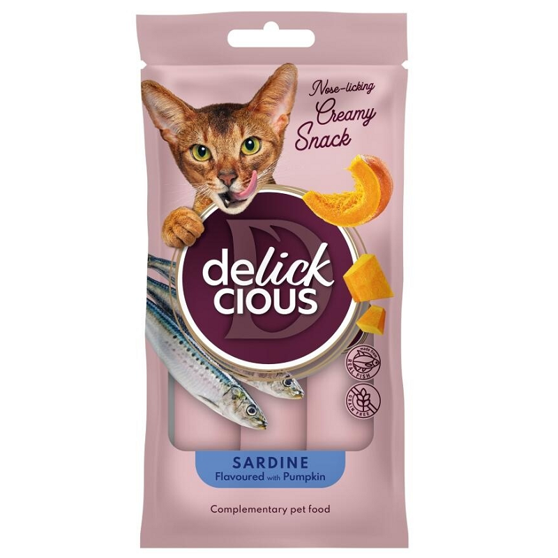 DELICKCIOUS Cat Snack Cremos cu Sardine și Dovleac 4 x 15 g | Hrană Complementară pentru Pisici Adulte