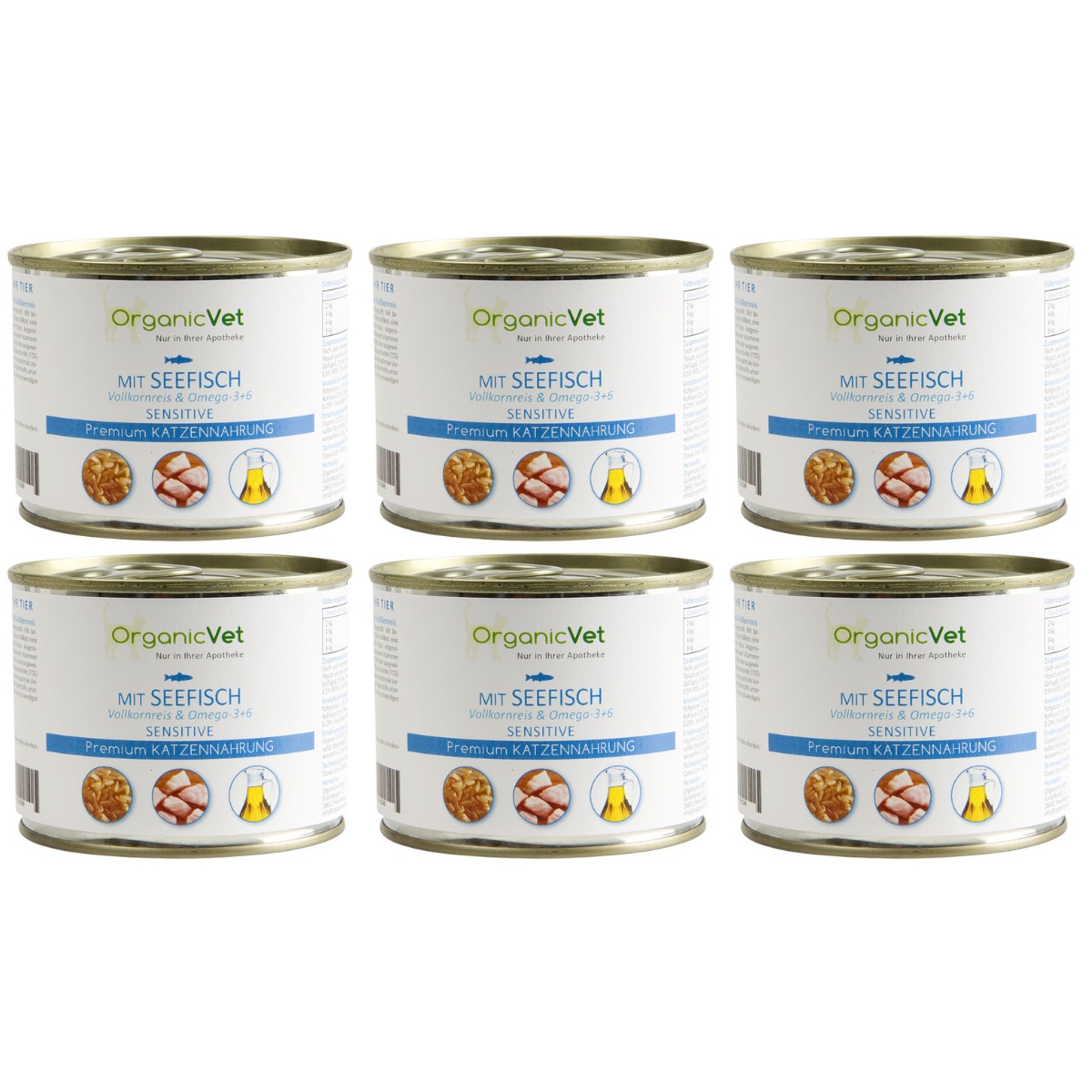 OrganicVet  Feline Sensitive, Set Conserve Hrana Umeda, cu Peste si Orez,  Pentru Pisici, 6x200g