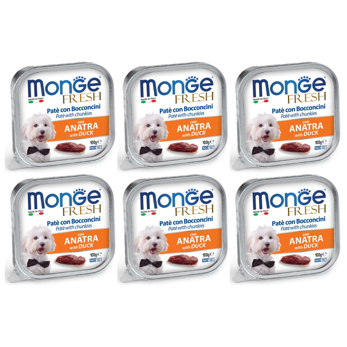 MONGE Fresh, cu Rata, Set Conserve Hrana Umeda Pentru Caini (pateu cu bucatele de carne), 6x100g