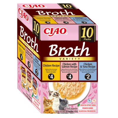 CIAO CHURU Broth Variety cu Pui, Pui si Somon, Pui si Ton 10x40 g | Hrana Umeda Complementara pentru Pisici | Umiditate Ridicata, Fara Cereale, Topping Palatabil