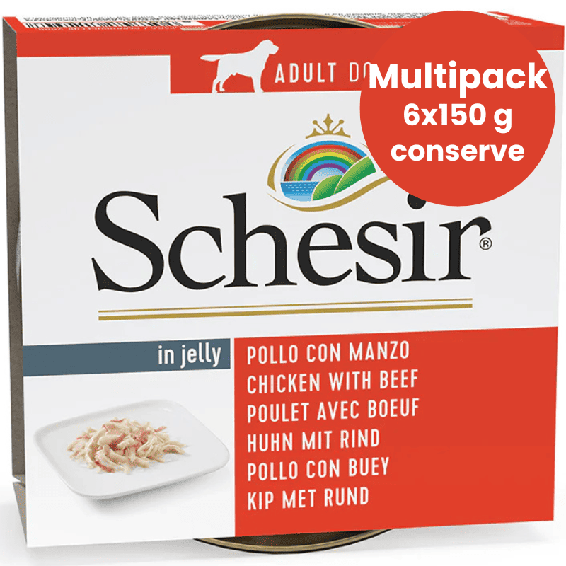 SCHESIR Dog Pui cu Vita in Aspic Multipack 6x150 g | Hrana Umeda Complementara pentru Caini Adulti