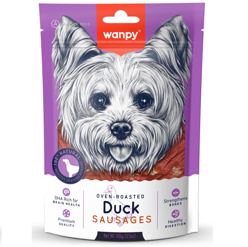 WANPY Oven Roasted Duck Sausages, 100 g - Recompense Naturale pentru Caini, Carnati din Carne de Rata Coapta la Cuptor pentru un Rasfat Sanatos si Igiena Orala