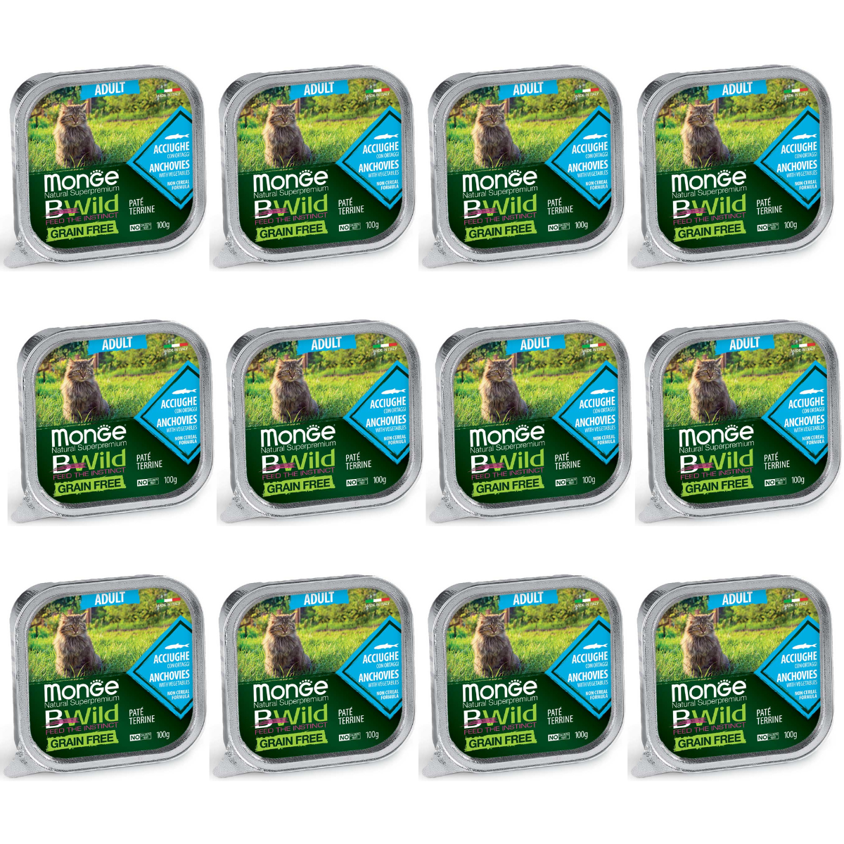 MONGE Natural BWild Adult Cat, cu Ansoa, Set Conserve Hrana Umeda Pentru Pisici (pateu fin), 12x100g