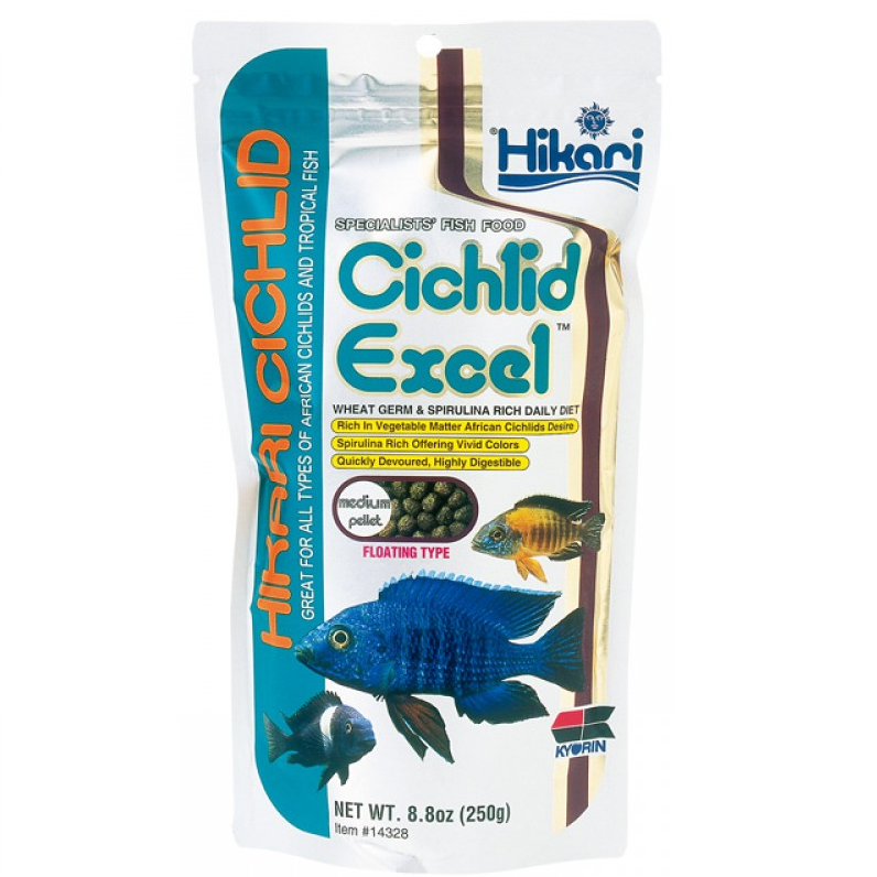 HIKARI Cichlid Excel Medium, 250 g – Granule Plutitoare pentru Ciclide Ierbivore si Pesti Tropicali, cu Spirulina pentru Culori Intense