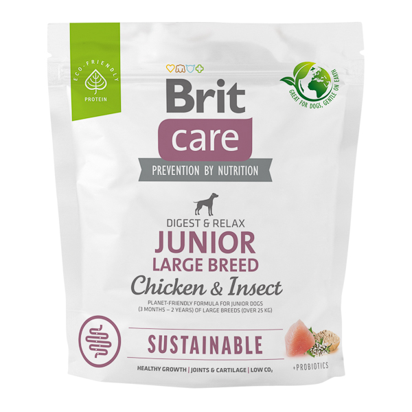 BRIT CARE Sustainable Junior Large Breed, cu Pui și Insecte, Hrană Uscata Sustenabila pentru Juniori de Talie Mare, Fara Gluten, 1kg