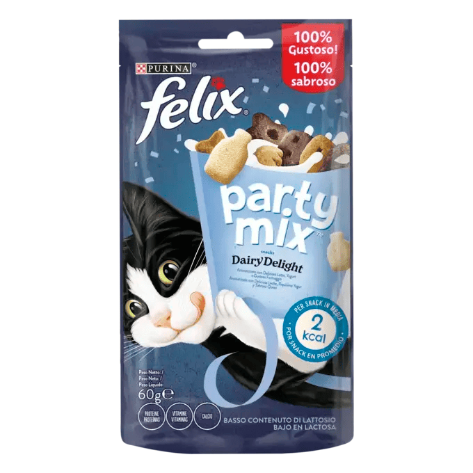 FELIX Party Mix Dairy Delight Recompense pentru Pisici, cu Lapte, Iaurt și Brânză, 60 g – Snack Crocant și Aromat pentru Răsfățul Zilnic