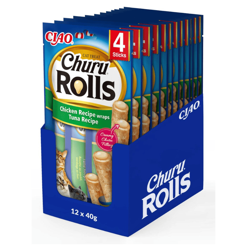 INABA Ciao Churu Rolls Chicken & Tuna Box 12x(4x10 g) | Recompense fara Cereale pentru Pisici | Pui si Ton | Betisoare cu Textura Moale si Umplutura Cremoasa