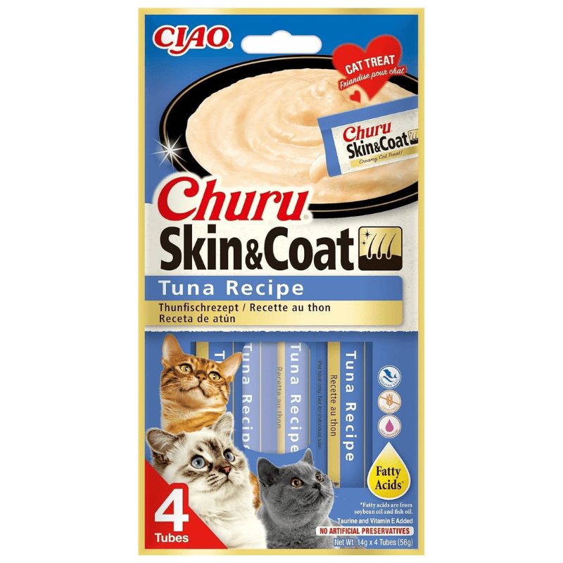 INABA Ciao Churu Skin & Coat Tuna 4x14 g | Recompensa Functionala Cremoasa pentru Pisici | cu Ton | Formula pentru Piele Sanatoasa si Blana Stralucitoare