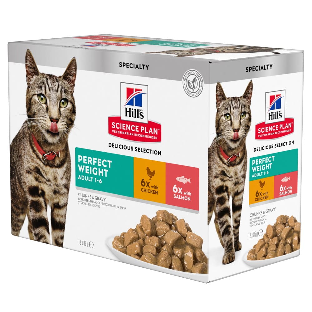 HILL'S Science Plan Perfect Weight Pui & Somon, Box 12x85 g – Hrană Umedă pentru Pisici Adulte, Controlul Greutății și Energie Zilnică Echilibrată