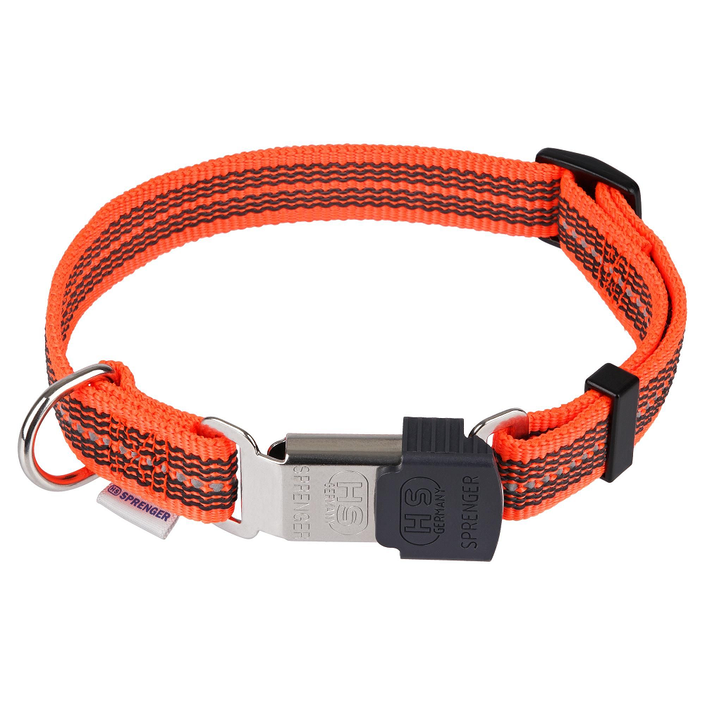 HERM. SPRENGER Zgarda Caine, Reflectorizanta, Nylon Portocaliu Neon,  Catarama ClickLock cu Eliberare Rapida, Marime 30-45cm