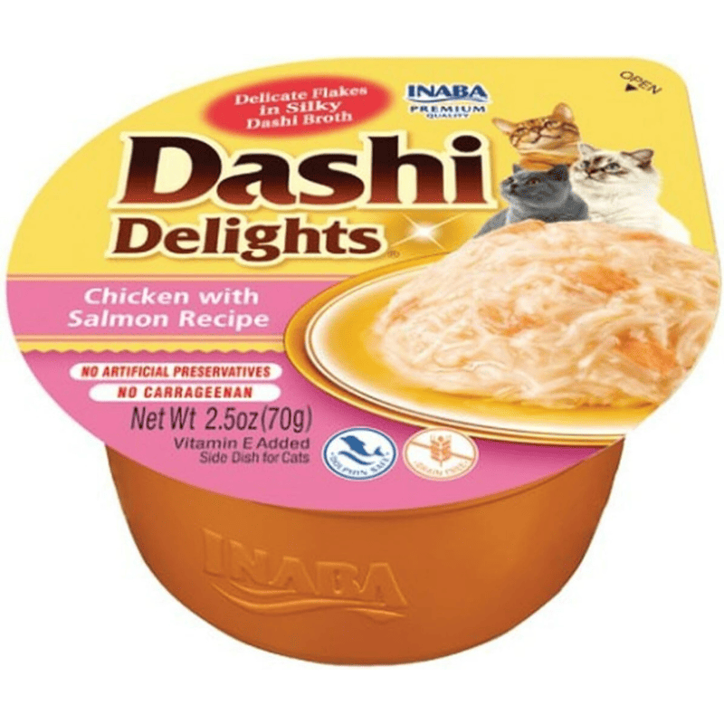 CIAO Dashi Delights Pui si Somon 70 g | Hrana Umeda Complementara pentru Pisici | Bucatele de Carne in Supa Dashi, Delicioasa si Sanatoasa, Fara Cereale