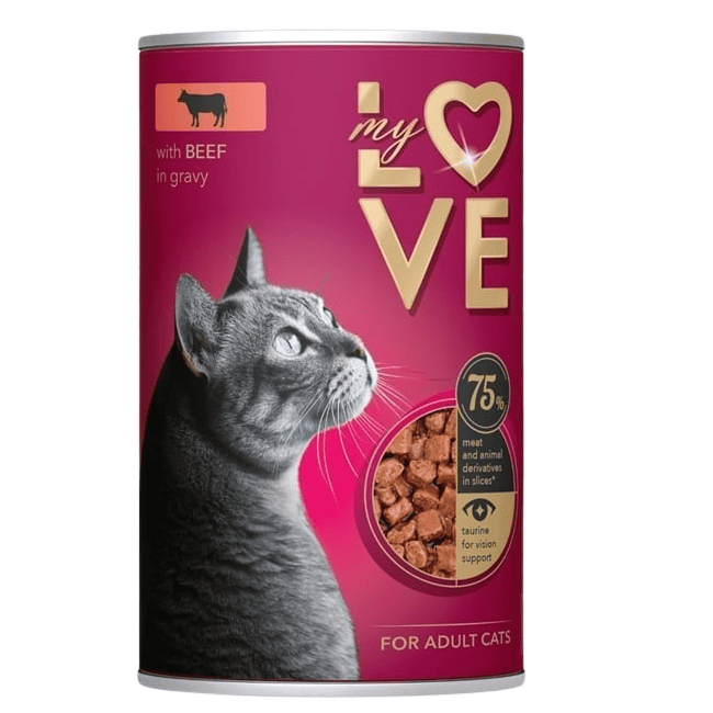MY LOVE CAT Hrană Umedă pentru Pisici Adulte cu Vita, 415 g | Bucățele în Sos