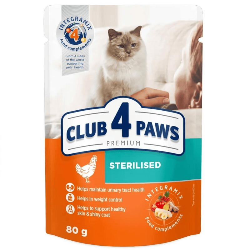 CLUB 4 PAWS Cat Sterilised cu Pui 80 g | Hrană Umedă Premium pentru Pisici Adulte Sterilizate