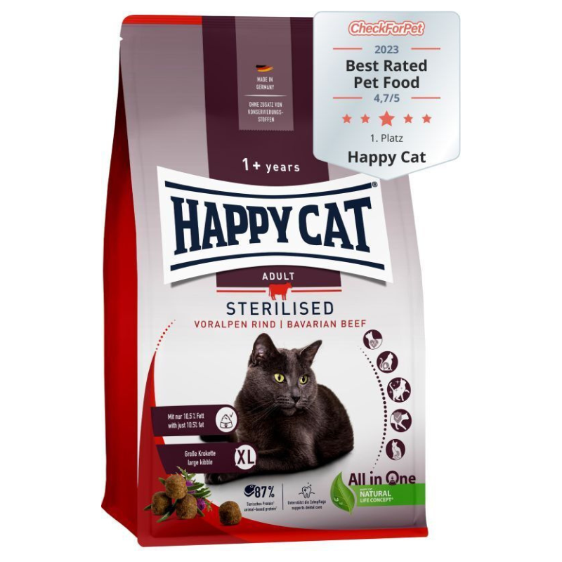 HAPPY CAT Sterilised Adult cu Vită Bavareză și Ierburi – Hrană Uscată Premium pentru Pisici Adulte Sterilizate, Controlul Greutății și Igienă Dentară, 4kg