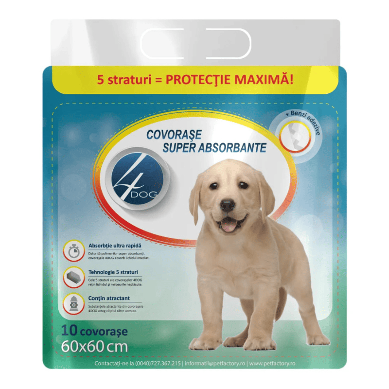 4DOG Covorase Igienice pentru Caini 60x60 cm, 10 Buc | Superabsorbante cu Benzi Adezive | Pentru Dresaj si Protectia Podelei