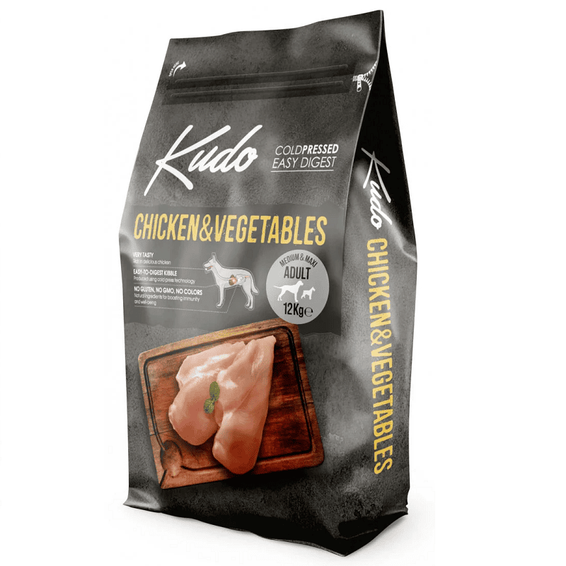 KUDO Mediu-Maxi Adult cu Pui si Legume 12 kg | Hrana Uscata Presata la Rece pentru Caini Adulti | Digestie Usoara si Ingrediente Naturale