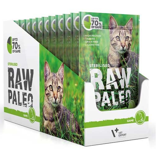 RAW PALEO Sterilised, Vanat, Set Plicuri Hrana Umeda Monoproteica, Fara Cereale, Pisica Sterilizata (pateu), 12x100g