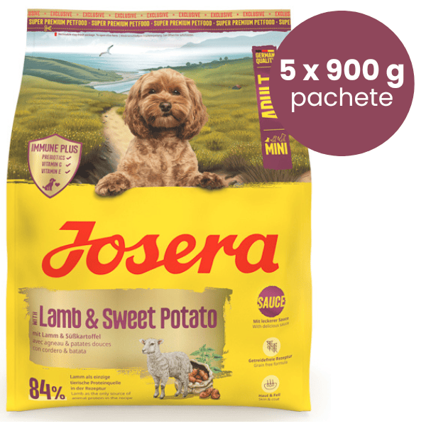 JOSERA Mini cu Miel si Cartofi Dulci, Set 5x900 g | Hrana Uscata Fara Cereale pentru Caini Adulti de Talie Mica | Sos Delicios cu Apa, Crochete Mini