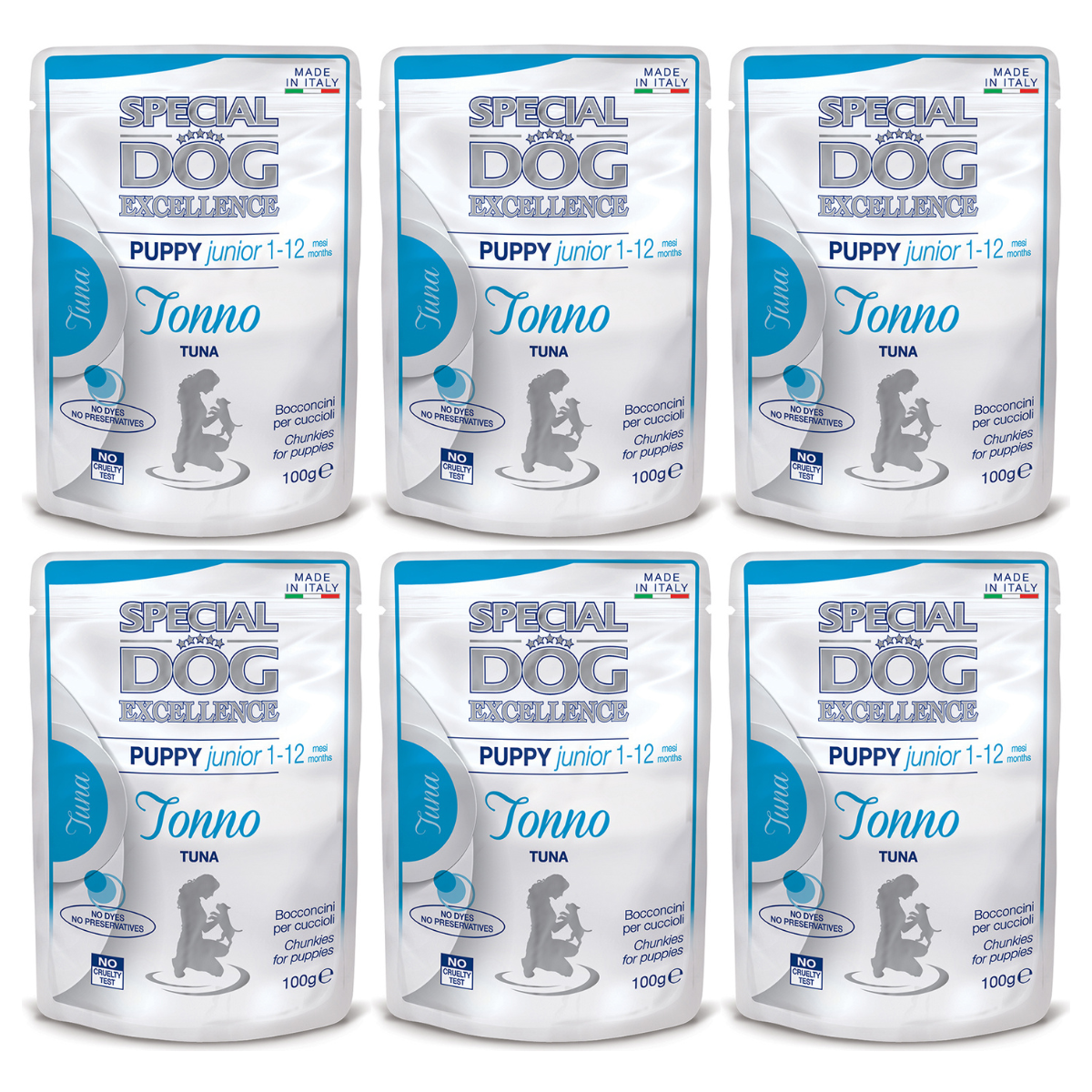 MONGE Special Dog Excellence Puppy, cu Ton, Set Plicuri Hrana Umeda Pentru Caini Juniori, 6x100g