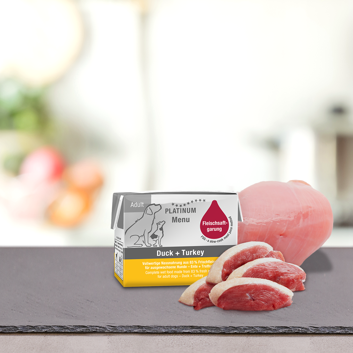 PLATINUM Menu Adult, Rata si Curcan, Hrana Umeda Pentru Caini 90g