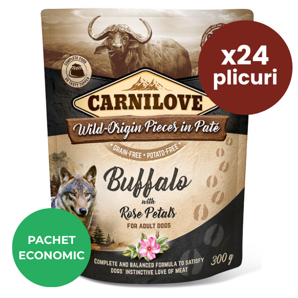 CARNILOVE Dog Pouch Pate Bivol cu Petale de Trandafir Set 24x300 g – Hrană Umedă Fără Cereale pentru Câini, Proteine Premium și Antioxidanți Naturali